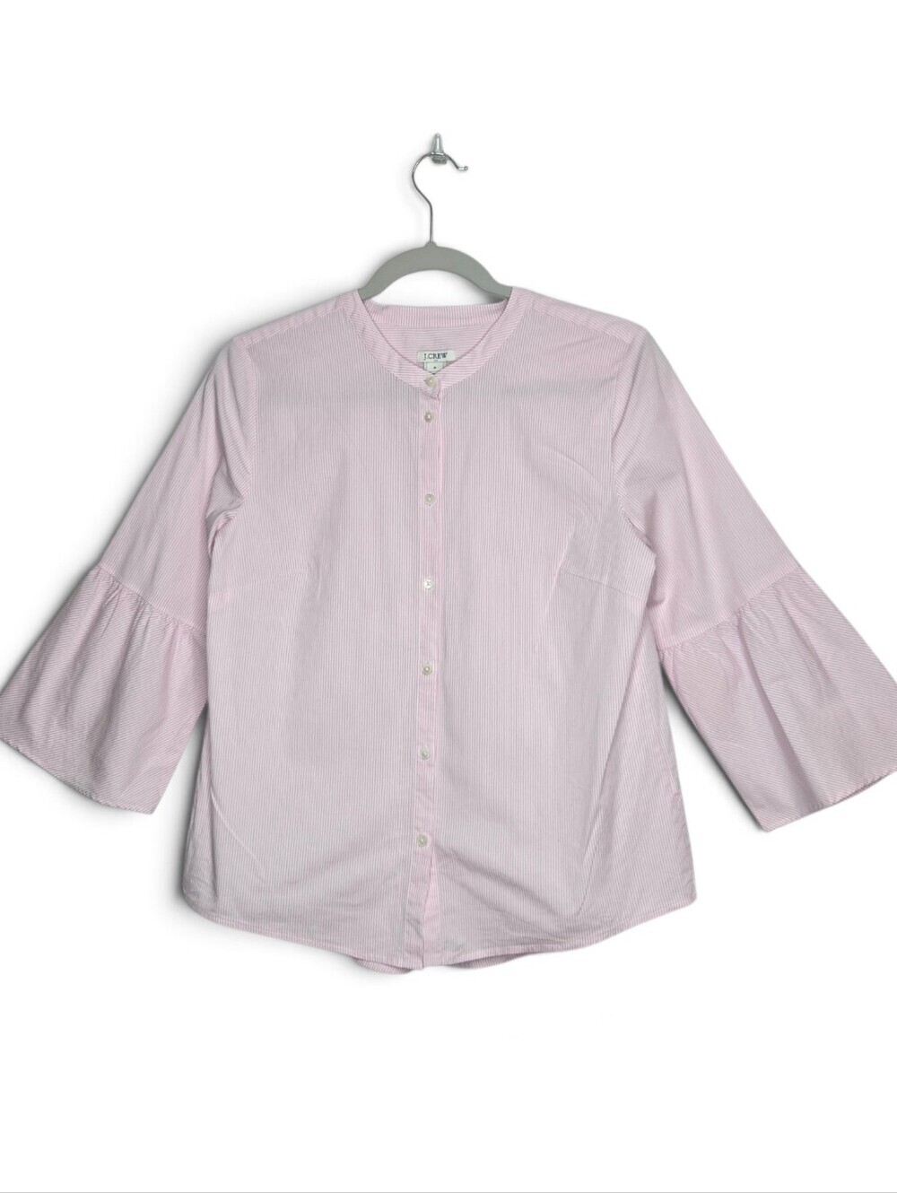 J Crew 3/4 Sleeve, button Front shirt. Pink/white Stripe. Size 6